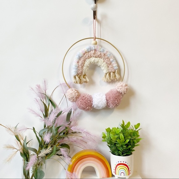 Rainbow Pom Pom Baby Nursery Wreath Pink Handmade - Picture 2 of 5